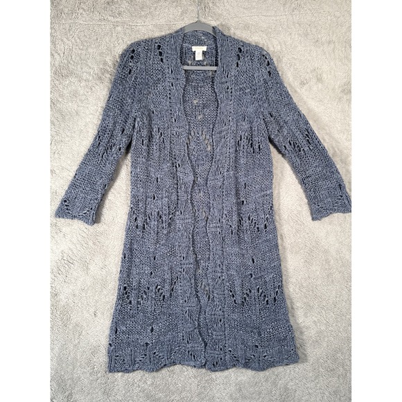 Chico's 0 Long Duster Cardigan Open Boho Crochet Blue/Gray LS Sweater Womens 4 - Picture 1 of 7